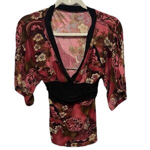 Vintage Asian V Neck Blouse Womens Size Medium Retro Y2K Top Floral Print Hippie